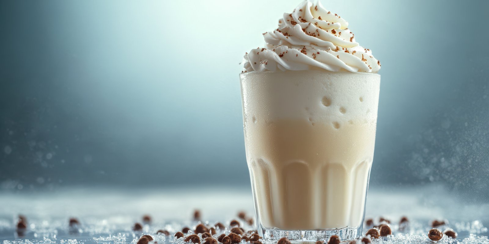 Sweet and creamy dessert beverage topped with whipped cream and sprinkles, captured in a serene setting